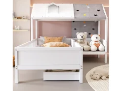 Cama cabine 90 x 200 cm com teto de tecido e gaveta grande - madeira maciça - branca