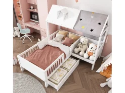 Cama cabine 90 x 200 cm com teto de tecido e gaveta grande - madeira maciça - branca