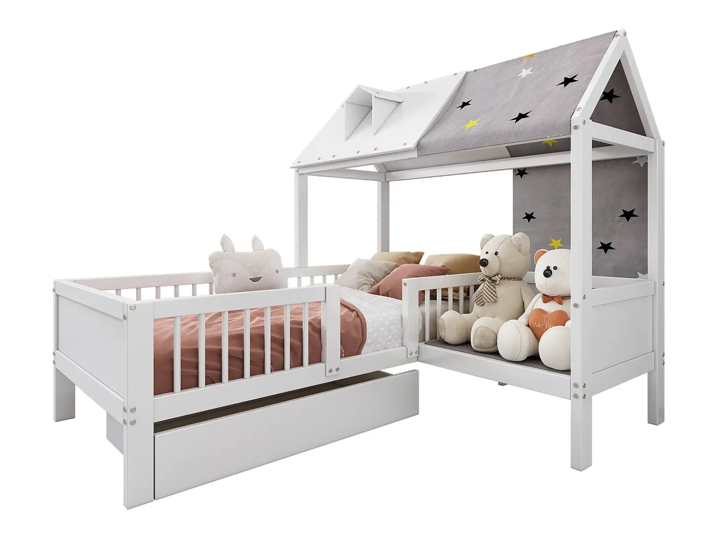 Cama cabine 90 x 200 cm com teto de tecido e gaveta grande - madeira maciça - branca