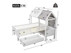 Cama cabine 90 x 200 cm com teto de tecido e gaveta grande - madeira maciça - branca