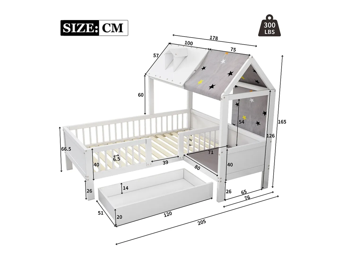 Cama cabine 90 x 200 cm com teto de tecido e gaveta grande - madeira maciça - branca