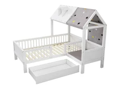 Cama cabine 90 x 200 cm com teto de tecido e gaveta grande - madeira maciça - branca