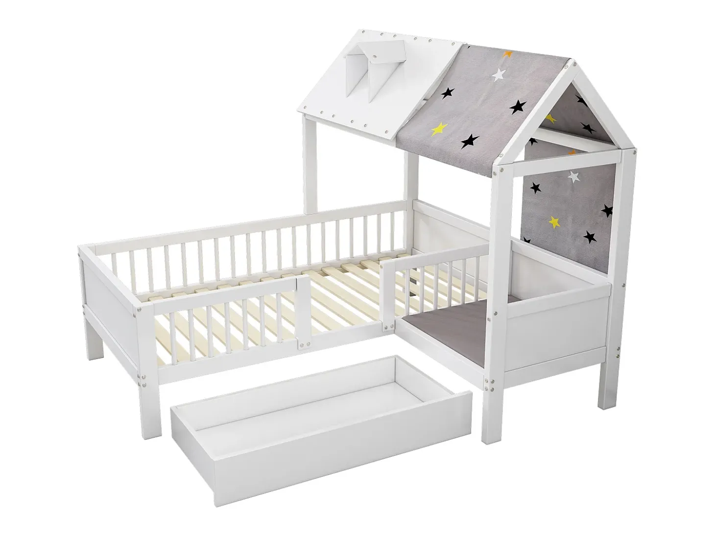Cama cabine 90 x 200 cm com teto de tecido e gaveta grande - madeira maciça - branca