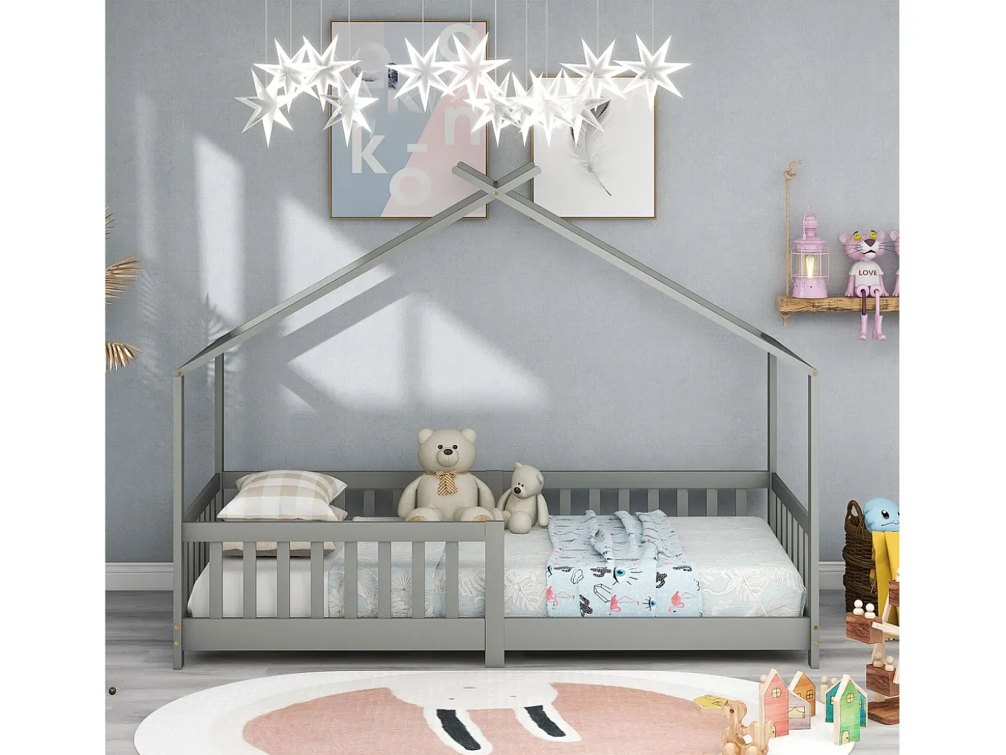 Cama cabine cama infantil 90x200cm em madeira maciça com proteção contra quedas e base de ripas - Cinza