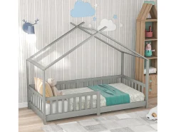 Cama cabine cama infantil 90x200cm em madeira maciça com proteção contra quedas e base de ripas - Cinza
