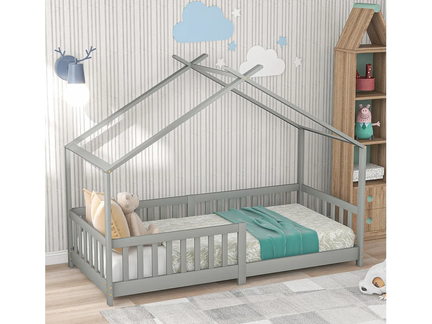 Cama cabine cama infantil 90x200cm em madeira maciça com proteção contra quedas e base de ripas - Cinza