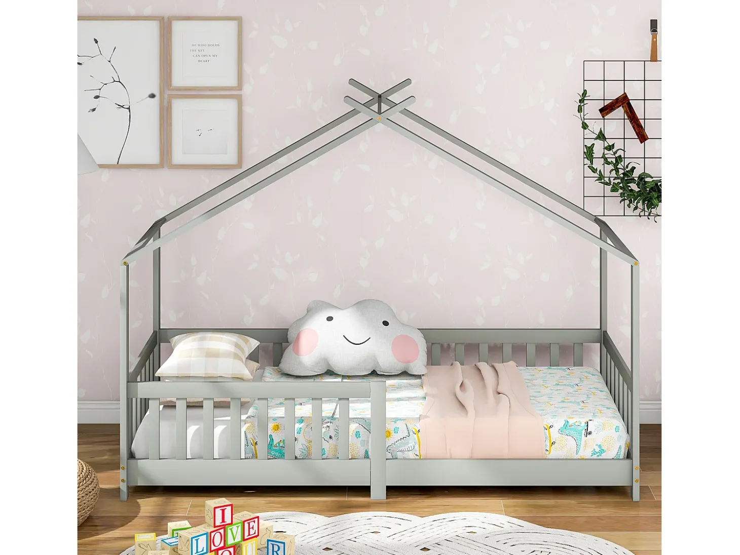 Cama cabine cama infantil 90x200cm em madeira maciça com proteção contra quedas e base de ripas - Cinza
