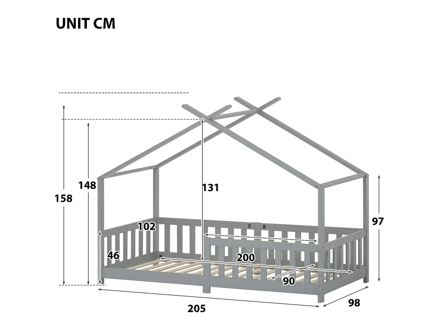 Cama cabine cama infantil 90x200cm em madeira maciça com proteção contra quedas e base de ripas - Cinza