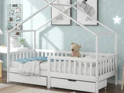 Cama cabine com 2 gavetas - 90 x 200 cm - madeira de pinho - base de ripas - branco