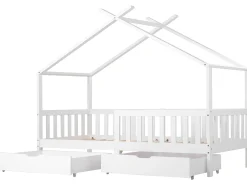 Cama cabine com 2 gavetas - 90 x 200 cm - madeira de pinho - base de ripas - branco
