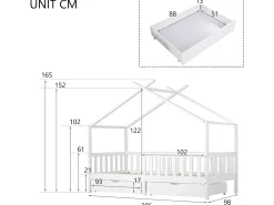 Cama cabine com 2 gavetas - 90 x 200 cm - madeira de pinho - base de ripas - branco