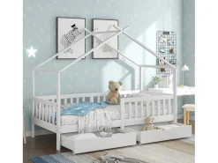 Cama cabine com 2 gavetas - 90 x 200 cm - madeira de pinho - base de ripas - branco