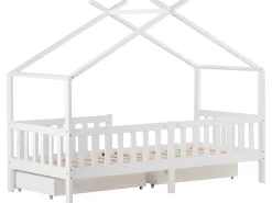 Cama cabine com 2 gavetas - 90 x 200 cm - madeira de pinho - base de ripas - branco