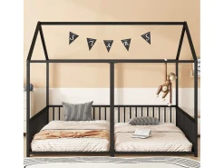 Cama cabine em ferro 2x90x200cm - com teto e base de ripas - Preto