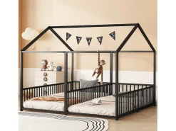 Cama cabine em ferro 2x90x200cm - com teto e base de ripas - Preto