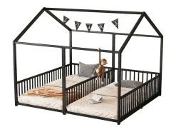 Cama cabine em ferro 2x90x200cm - com teto e base de ripas - Preto