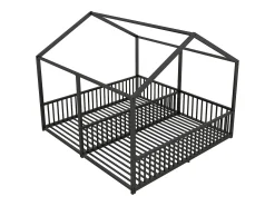 Cama cabine em ferro 2x90x200cm - com teto e base de ripas - Preto