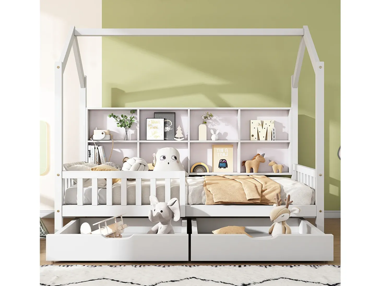 Cama cabine em madeira maciça - com prateleiras e 2 gavetas - 90x200cm - Branca