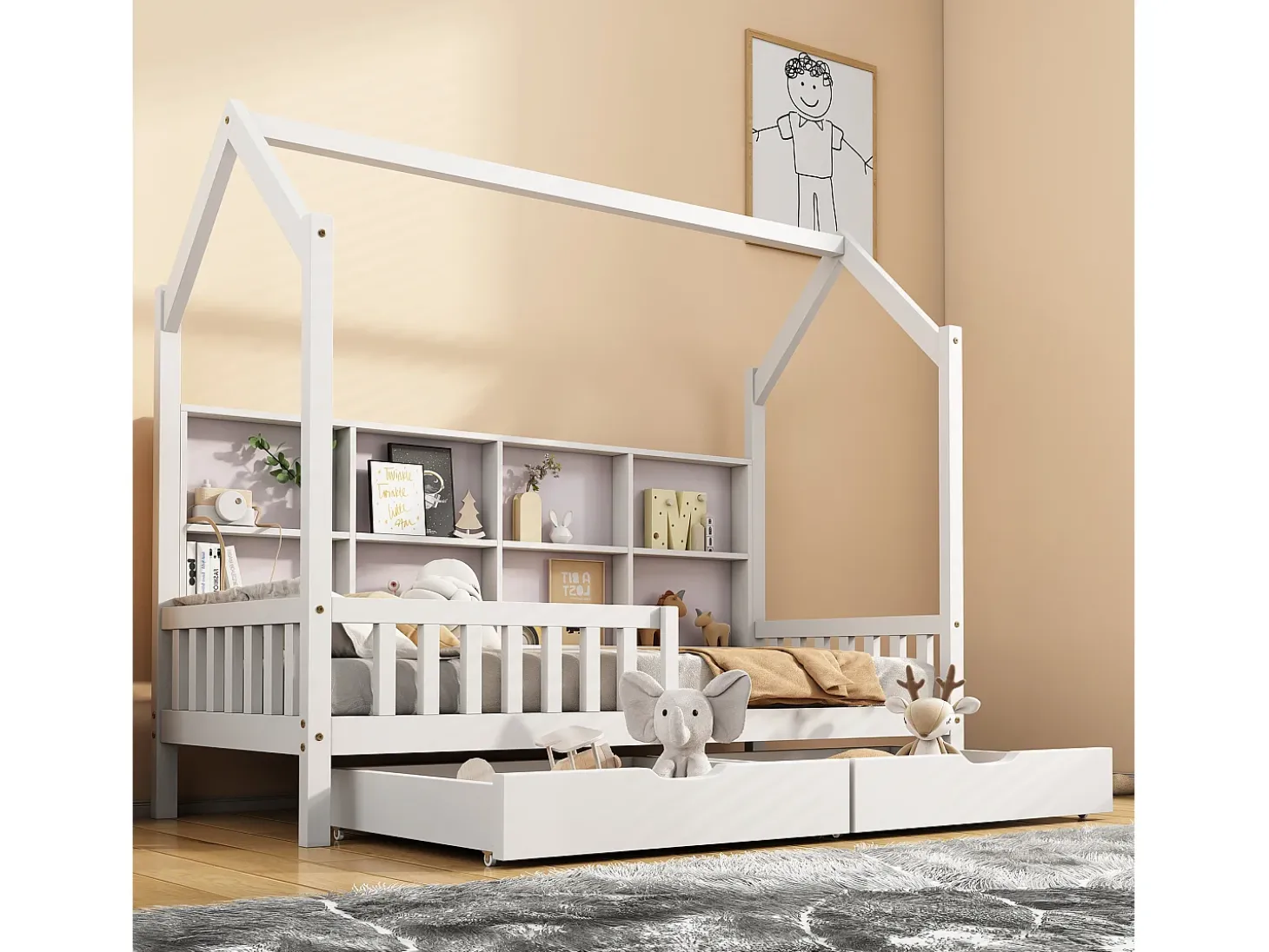 Cama cabine em madeira maciça - com prateleiras e 2 gavetas - 90x200cm - Branca