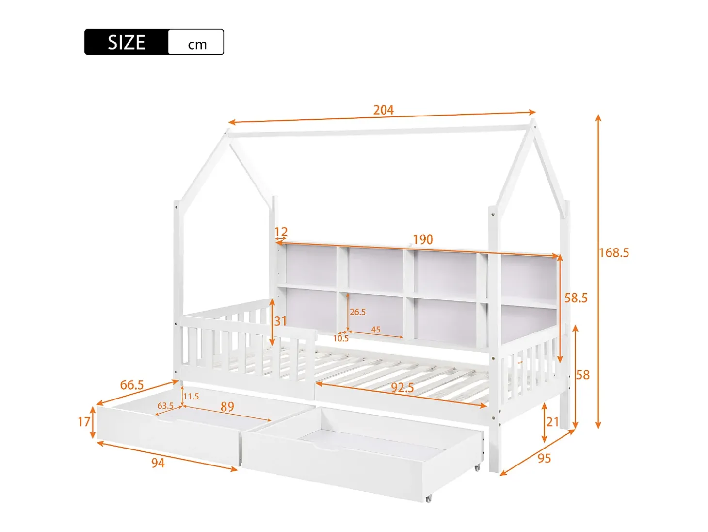 Cama cabine em madeira maciça - com prateleiras e 2 gavetas - 90x200cm - Branca
