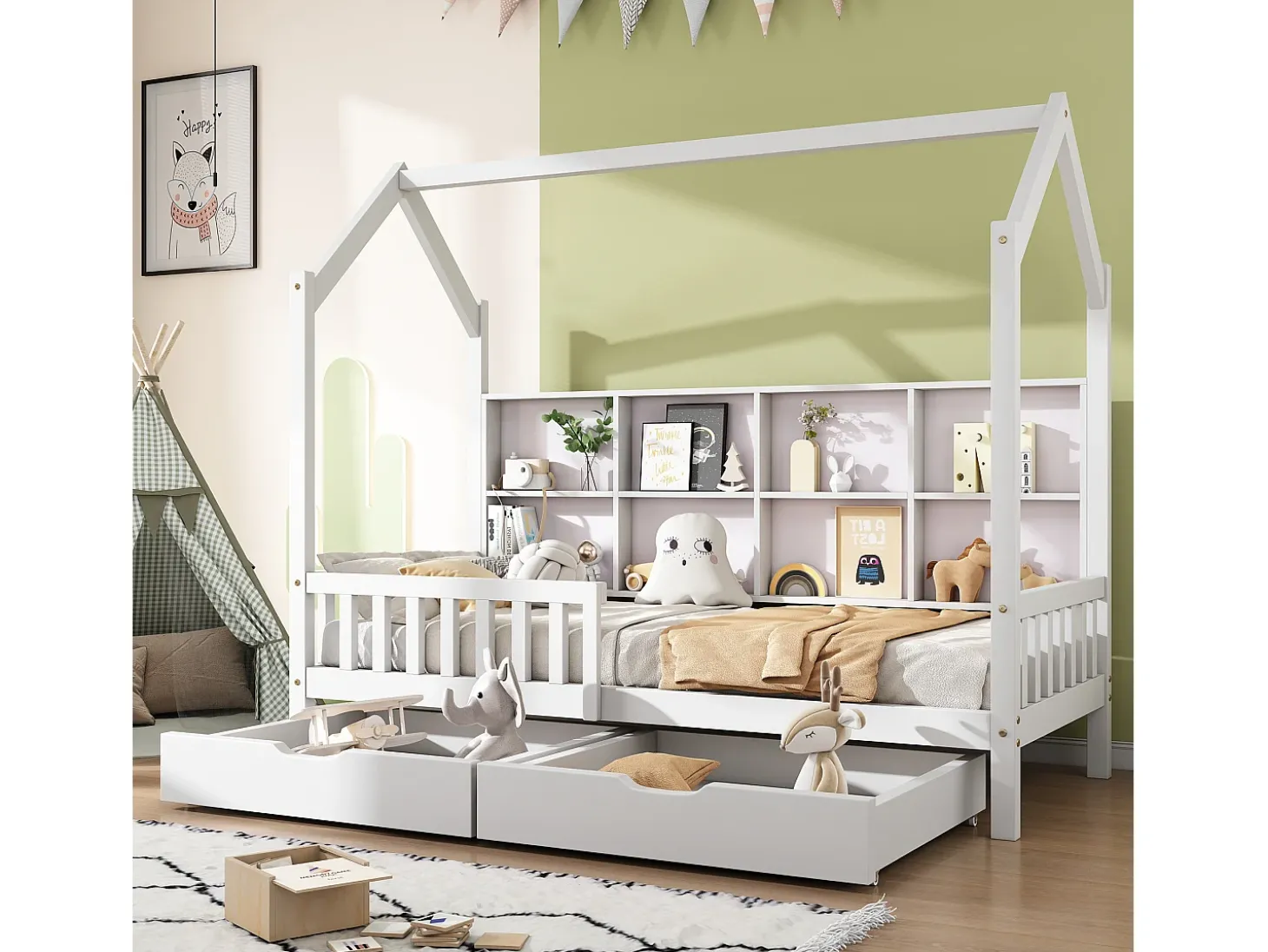 Cama cabine em madeira maciça - com prateleiras e 2 gavetas - 90x200cm - Branca
