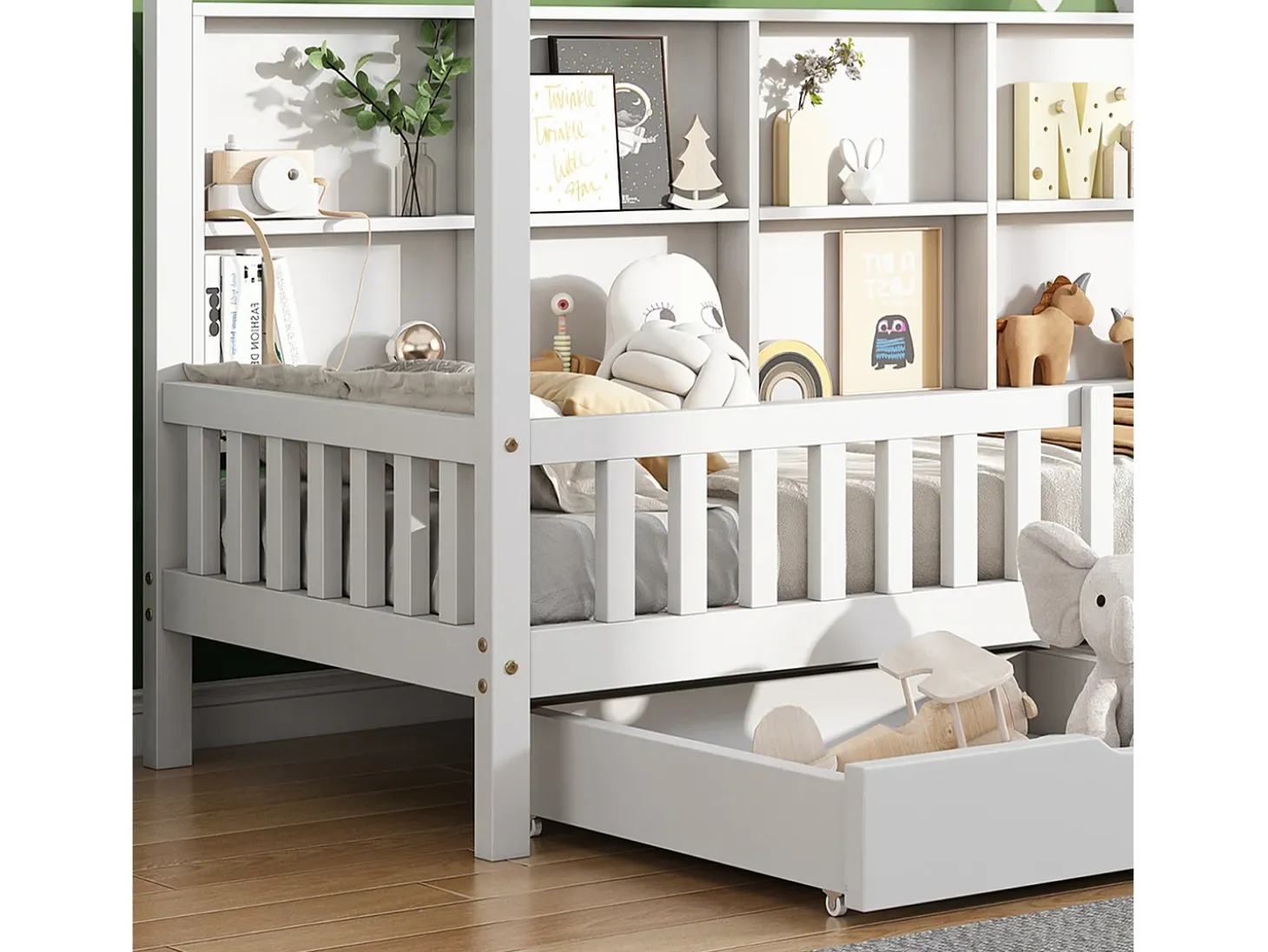 Cama cabine em madeira maciça - com prateleiras e 2 gavetas - 90x200cm - Branca