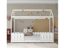 Cama cabine infantil - 90 x 200 cm - madeira maciça - barreira e base de ripas - branco