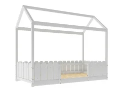 Cama cabine infantil - 90 x 200 cm - madeira maciça - barreira e base de ripas - branco