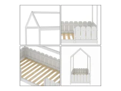 Cama cabine infantil - 90 x 200 cm - madeira maciça - barreira e base de ripas - branco
