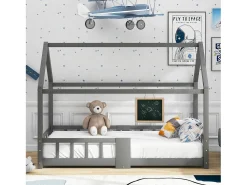 Cama cabine infantil - 90 x 200 cm - madeira maciça - barreira e base de ripas - cinza