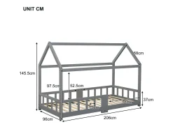 Cama cabine infantil - 90 x 200 cm - madeira maciça - barreira e base de ripas - cinza