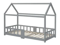 Cama cabine infantil - 90 x 200 cm - madeira maciça - barreira e base de ripas - cinza