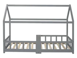 Cama cabine infantil - 90 x 200 cm - madeira maciça - barreira e base de ripas - cinza