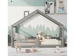 Cama cabine infantil 90 x 200 cm - madeira maciça de pinho - barreira e base de ripas - cinza