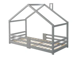 Cama cabine infantil 90 x 200 cm - madeira maciça de pinho - barreira e base de ripas - cinza