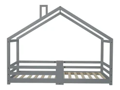 Cama cabine infantil 90 x 200 cm - madeira maciça de pinho - barreira e base de ripas - cinza