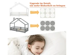 Cama cabine infantil 90 x 200 cm - madeira maciça de pinho - barreira e base de ripas - cinza