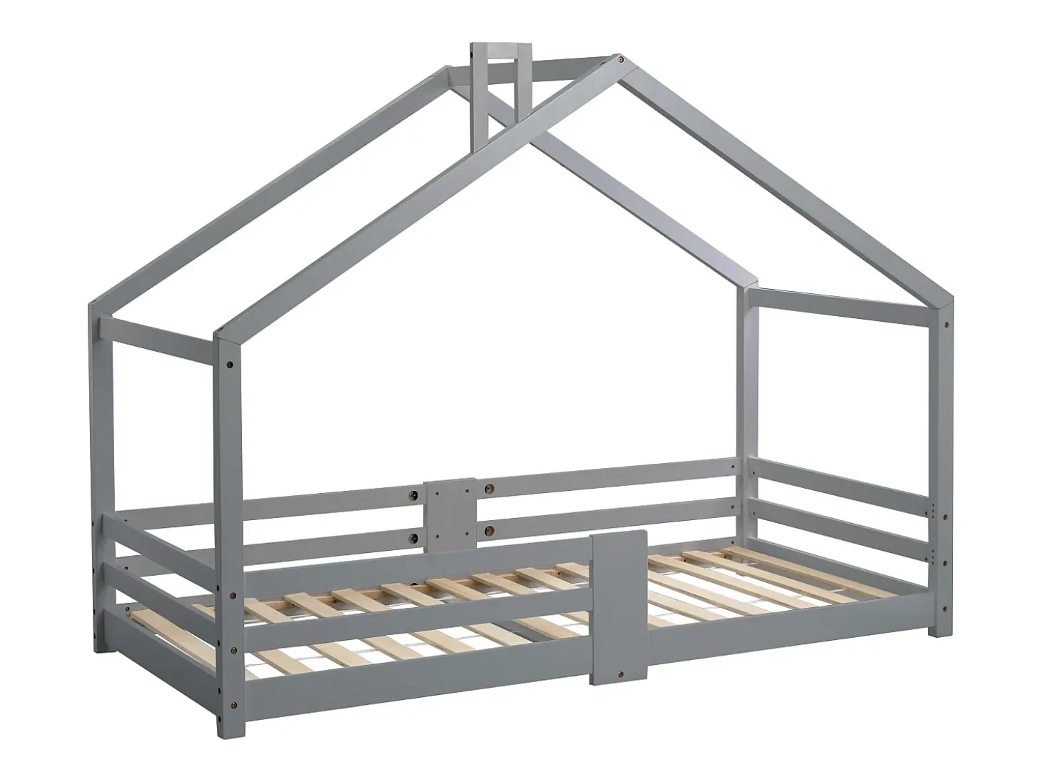 Cama cabine infantil 90 x 200 cm - madeira maciça de pinho - barreira e base de ripas - cinza