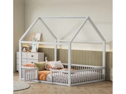Cama cabine infantil 140x200cm, cama em madeira maciça, cama plana, com estrado de ripas, grade de cama com porta, branca