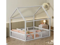 Cama cabine infantil 140x200cm, cama em madeira maciça, cama plana, com estrado de ripas, grade de cama com porta, branca