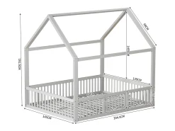 Cama cabine infantil 140x200cm, cama em madeira maciça, cama plana, com estrado de ripas, grade de cama com porta, branca