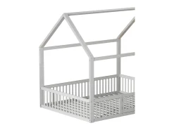 Cama cabine infantil 140x200cm, cama em madeira maciça, cama plana, com estrado de ripas, grade de cama com porta, branca