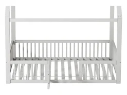 Cama cabine infantil 140x200cm, cama em madeira maciça, cama plana, com estrado de ripas, grade de cama com porta, branca