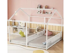 Cama cabine metálica 2 x 90 x 200 cm com grades - Base de ripas incluída - Branca (Sem colchão)