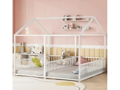 Cama cabine metálica 2 x 90 x 200 cm com grades - Base de ripas incluída - Branca (Sem colchão)