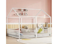 Cama cabine metálica 2 x 90 x 200 cm com grades - Base de ripas incluída - Branca (Sem colchão)
