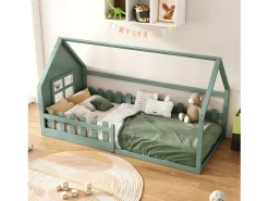 Cama cabine para criança 90x200 cm - em formato de casa - em madeira de pinho e MDF - Verde