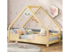 Cama cabine 90x200 cm - madeira de pinho - com proteção contra quedas e base de ripas - Natural