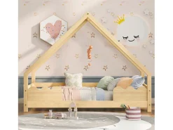 Cama cabine 90x200 cm - madeira de pinho - com proteção contra quedas e base de ripas - Natural