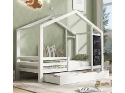 Cama cabine 90x200cm - madeira maciça - com quadro preto e 2 gavetas - Branco